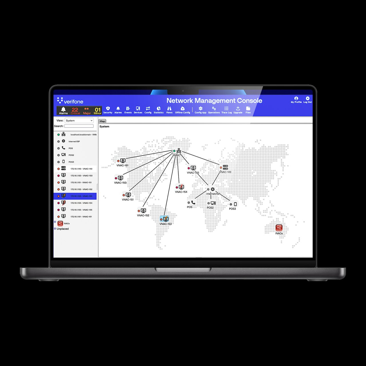 Laptop displaying a Verifone Network Management Console with a world map showing connected VNAC devices and POS systems.