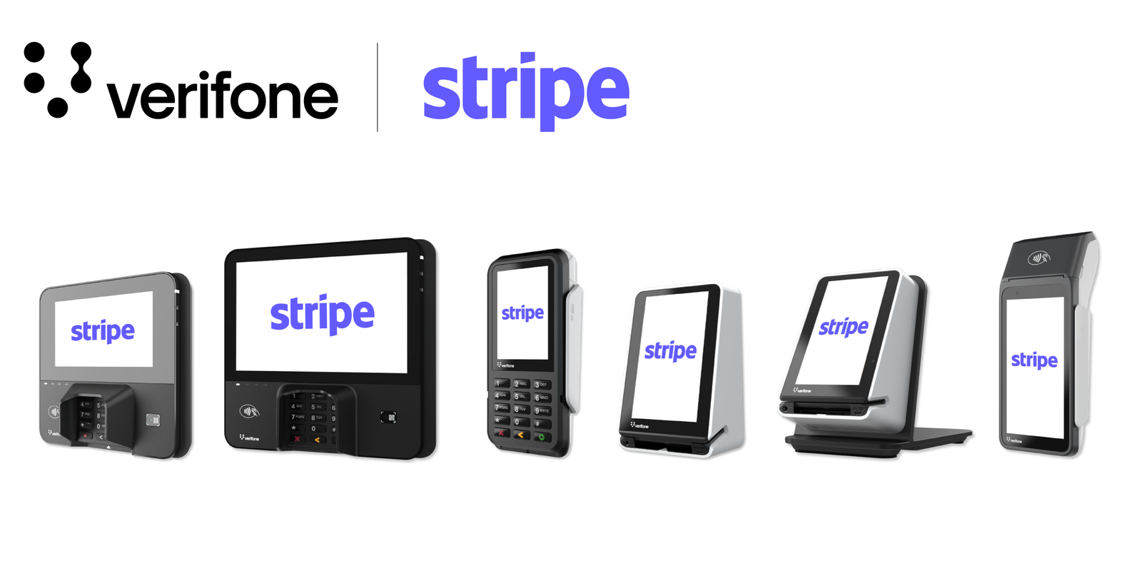 Verifone and Stripe logos above six Verifone payment terminals displaying the Stripe logo on their screens.