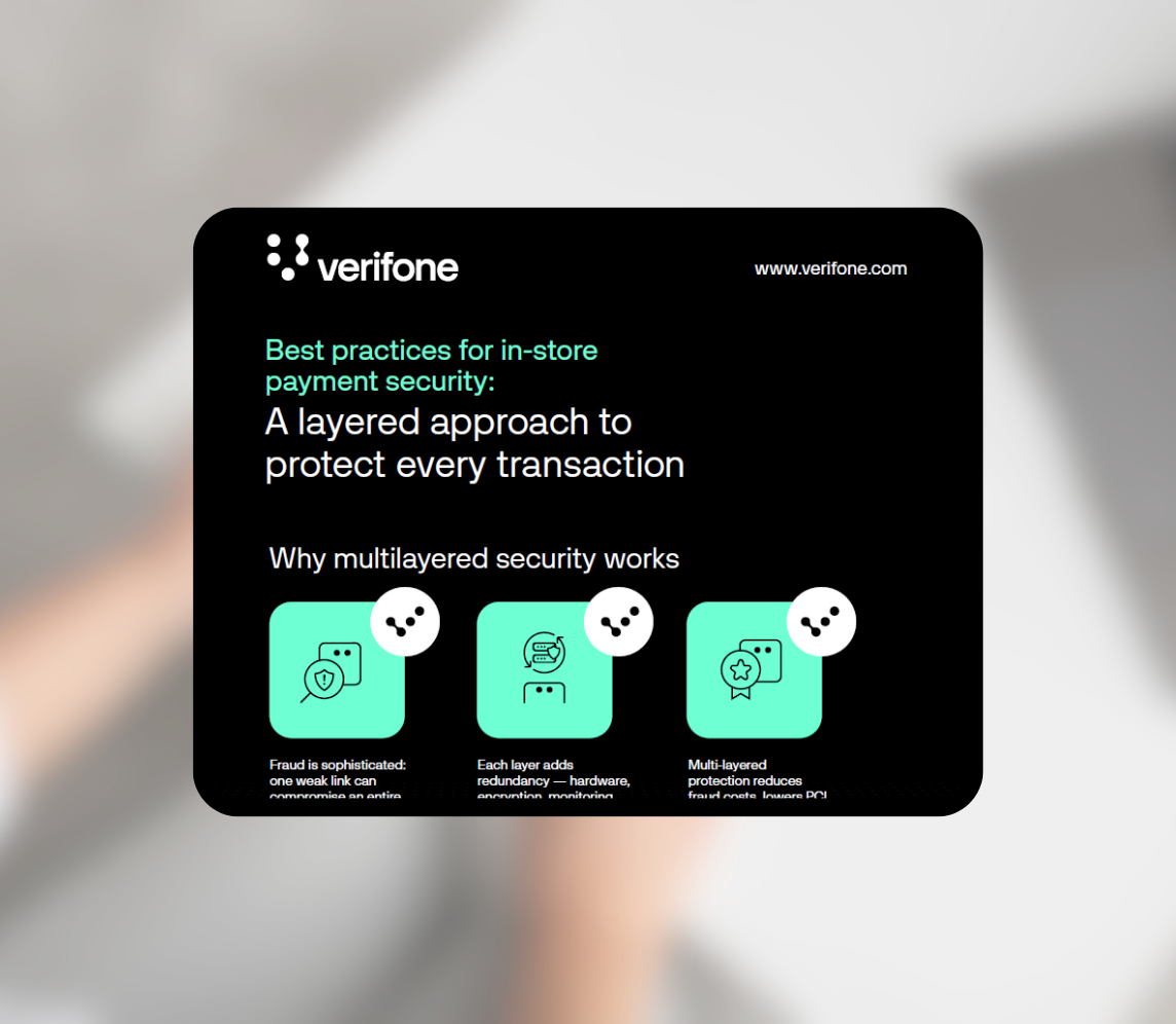 Verifone infographic titled 'Best practices for in-store payment security: A layered approach to protect every transaction' with icons representing fraud sophistication, redundancy in security layers, and multi-layered protection benefits.