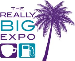 Logo for The Really Big Expo with a purple palm tree and icons of a cup and a gas pump.