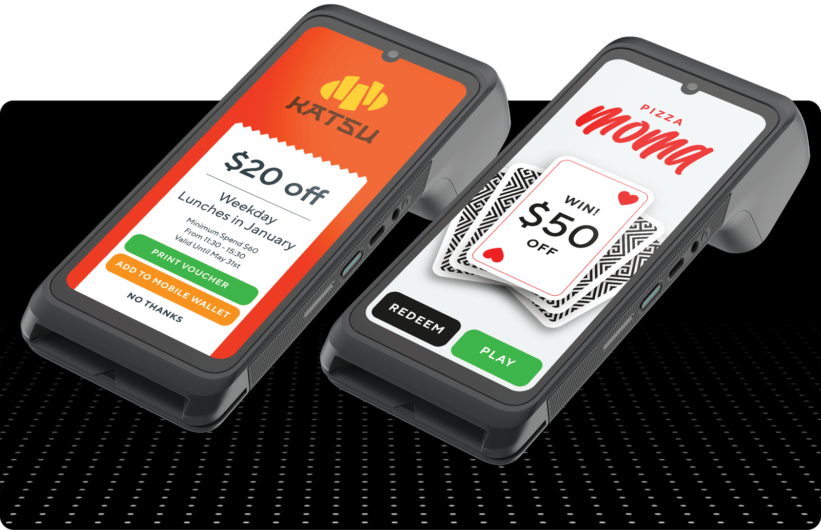 Two portable payment devices displaying digital discount vouchers for restaurants Katsu and Pizza Mama.